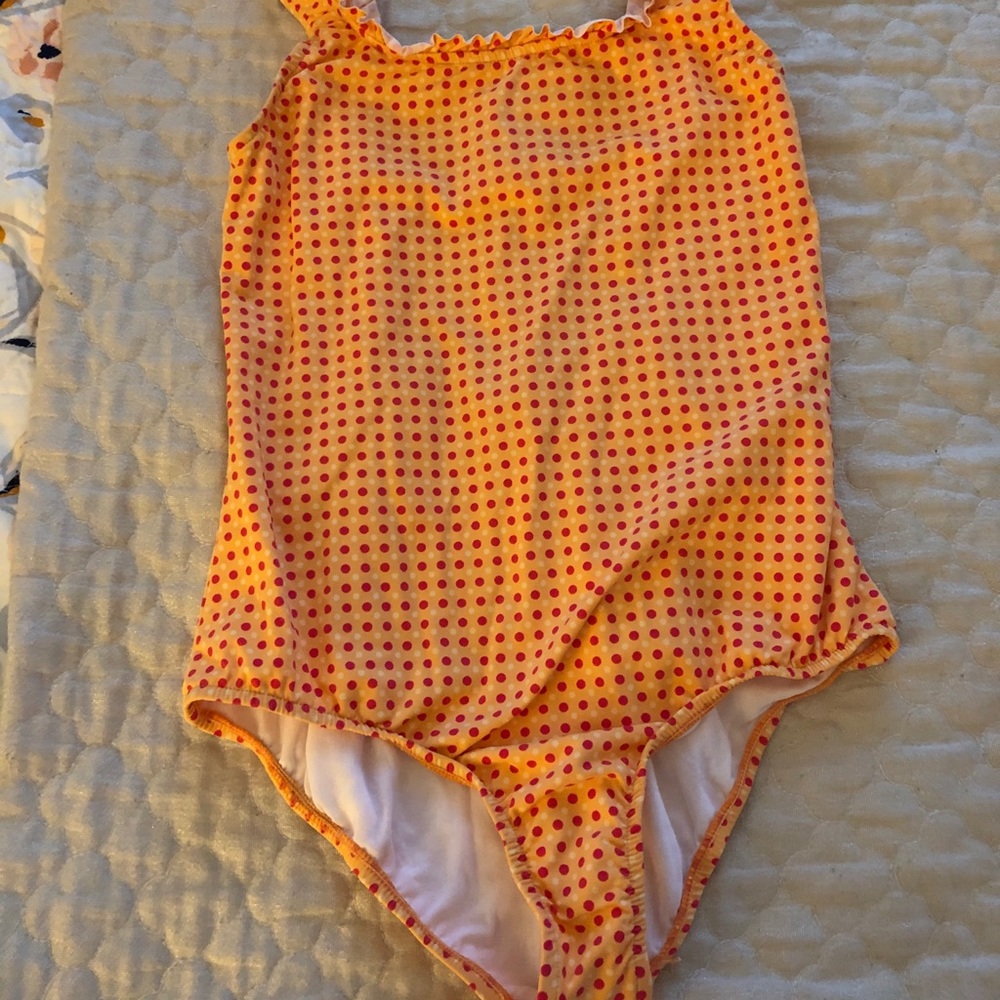 Garnet Hill girls swimsuit orange polkadots sz 14